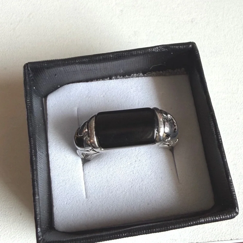 Premier Designs Gothic Silver Tone Black Onyx Rectangular Statement Ring SZ 7.25